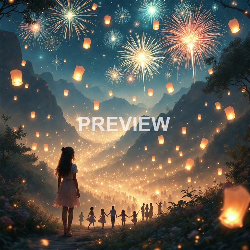 A girl and a group of children holding hands are watching a sky filled with fireworks, floating lanterns, and mountain silhouettes during a celebration at night.
